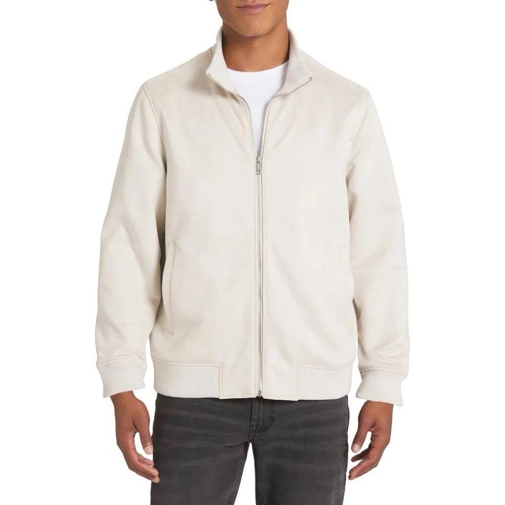 DKNY Faux Suede Men's Bomber Jacket Cream Stone Size M